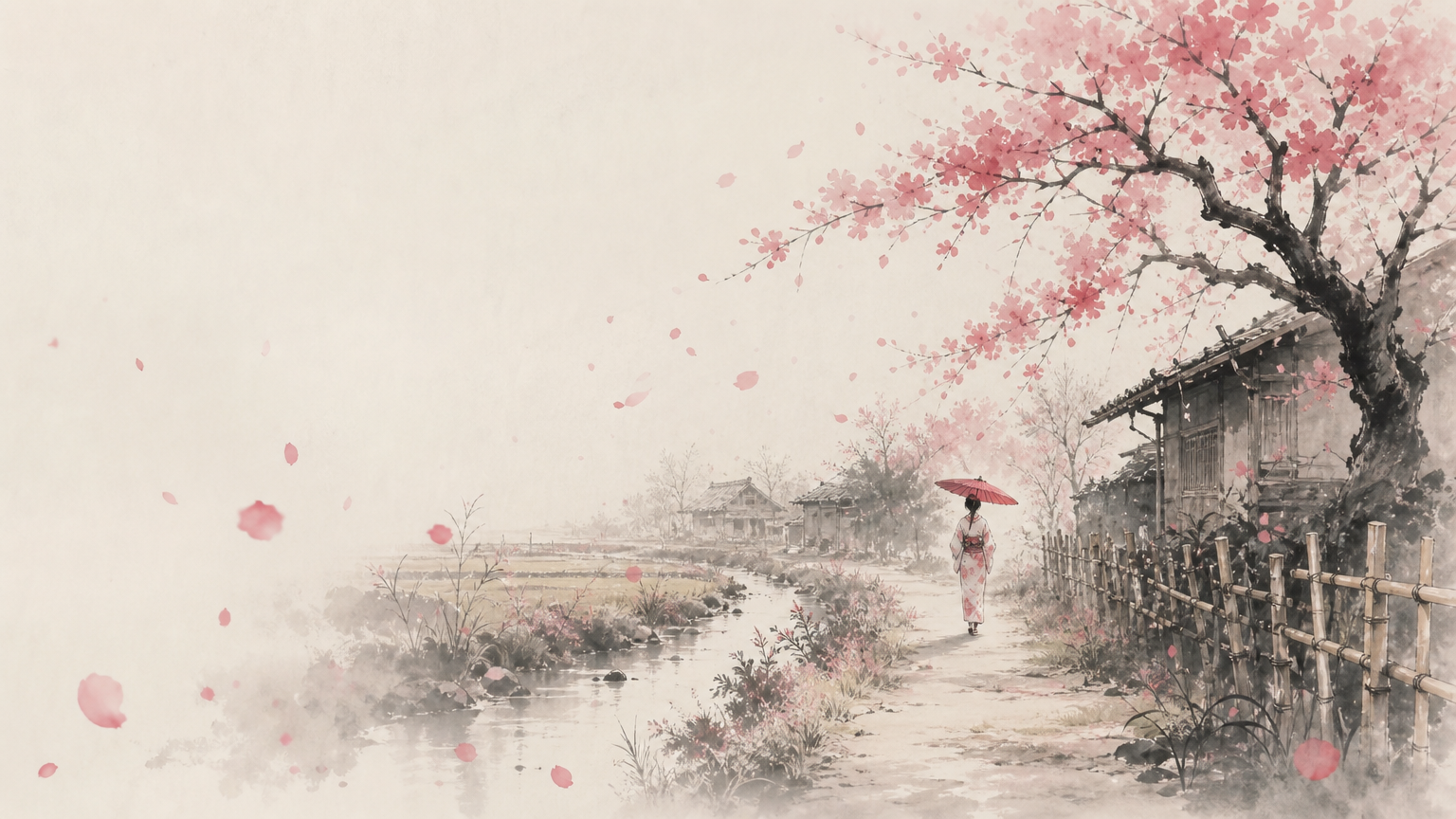 Illustration d'un chemin au bord d'une rivière sous les cerisiers en fleurs